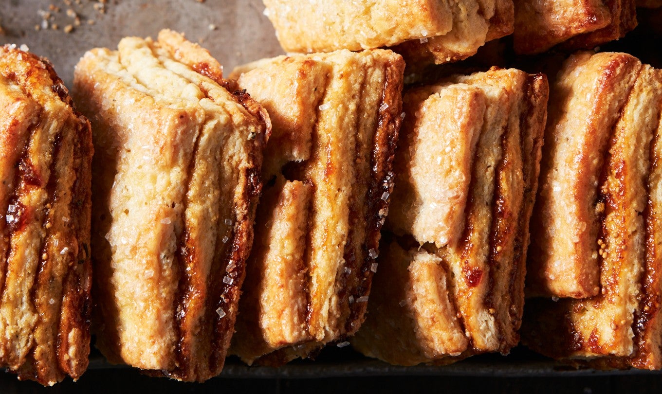 A close up shot of a stack of Layered Fig Scones